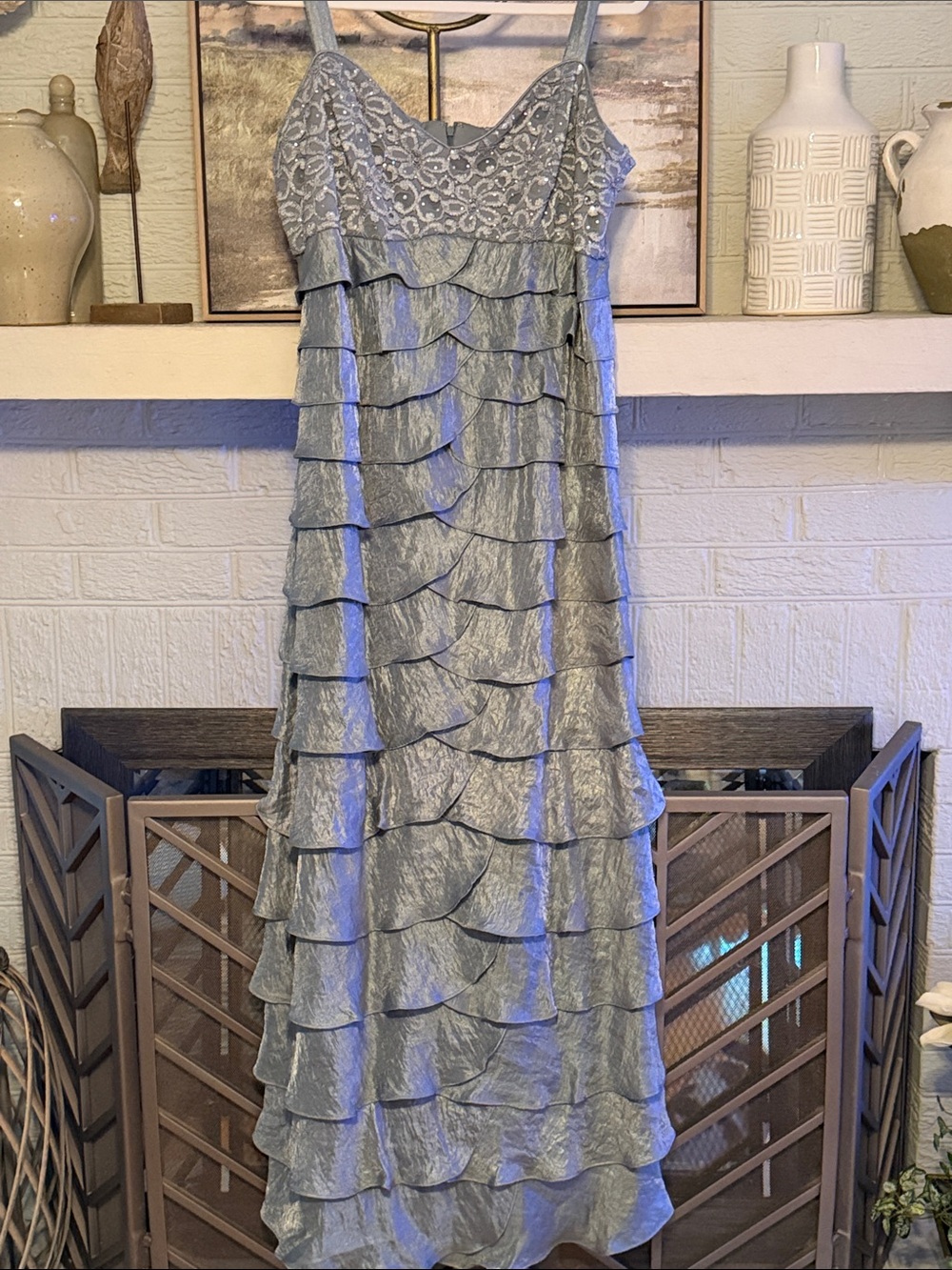 The Mermaid 🧜‍♀️ Dress R&M Richards Silver Embellished Lace Open-Front Jacket 18